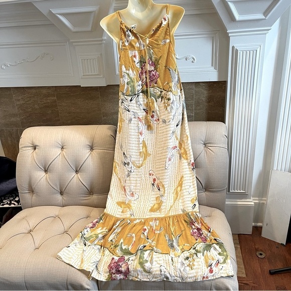 Anthropologie One September Maxi Dress Yellow Paradiso Koi Fish Size XS - Picture 3 of 14